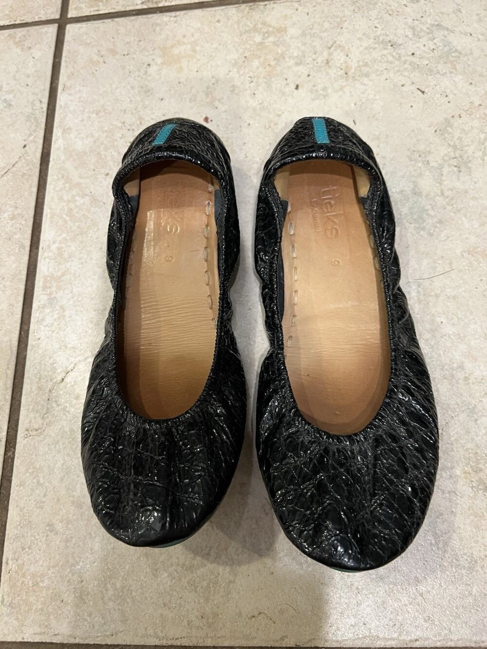 Tieks Women’s Leather Obsidian Black Embossed Croc Patent Ballet Flats Size 9